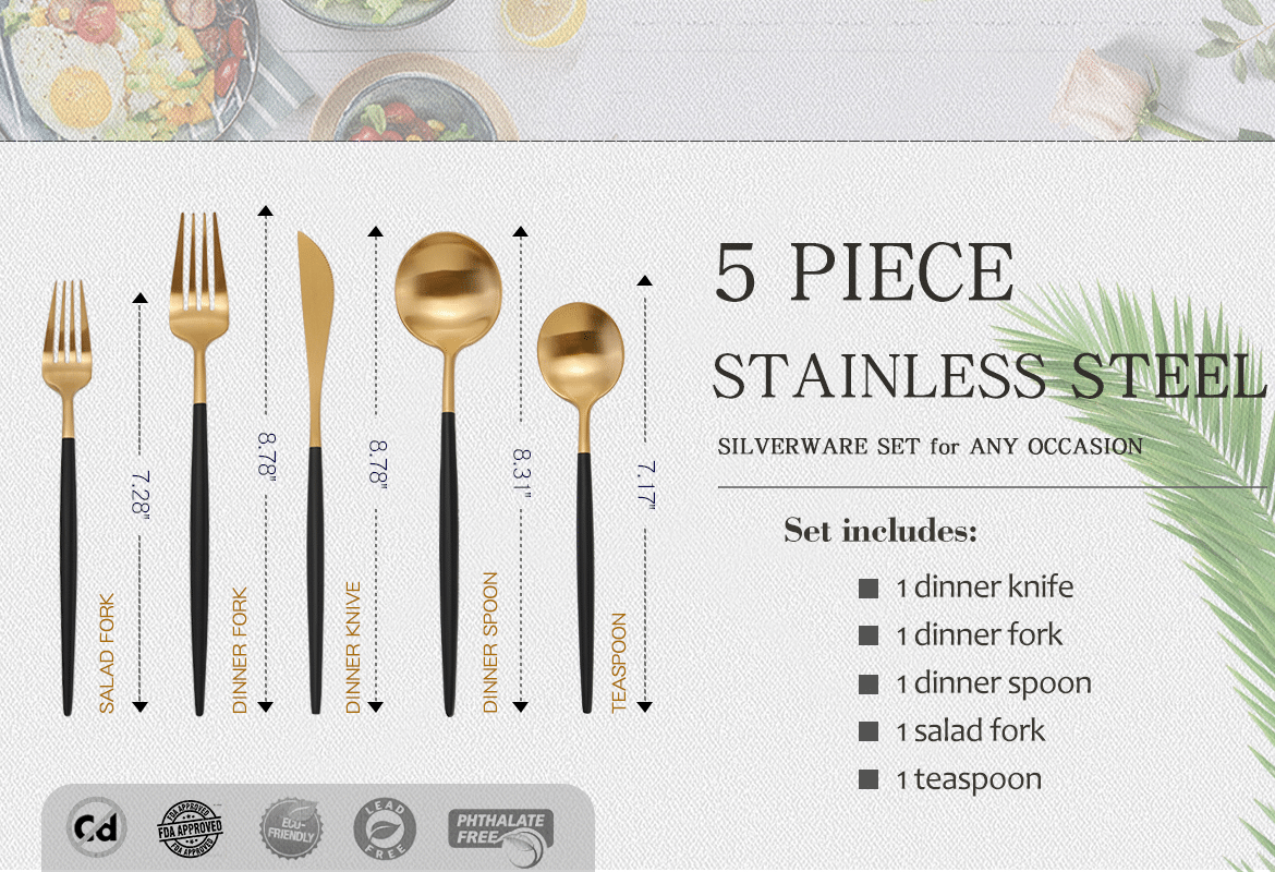 លក់ដុំ 1810 Stainless Steel Black and Matte Gold Two Tone Silverware Set (18)