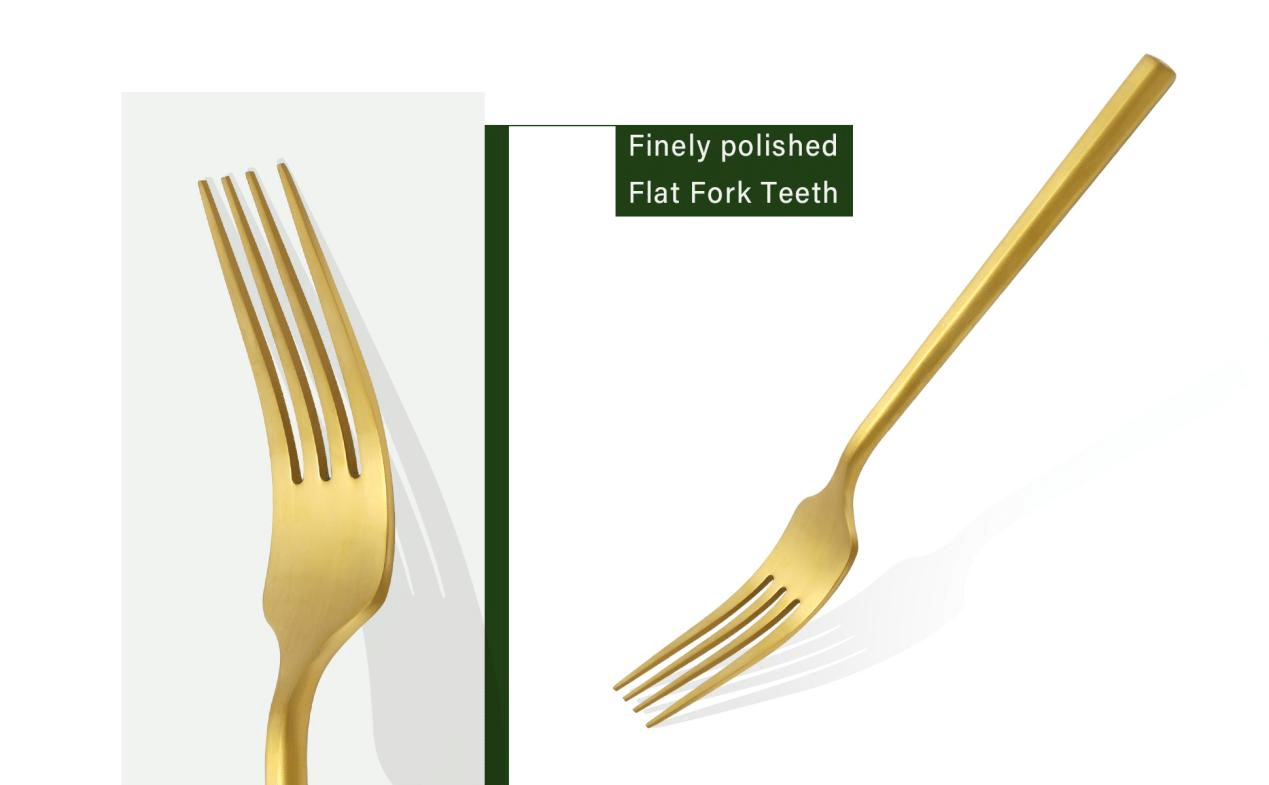 තොග මල නොබැඳෙන වානේ පැතලි භාණ්ඩ Matte Gold Hexagon Cutlery Set (2)