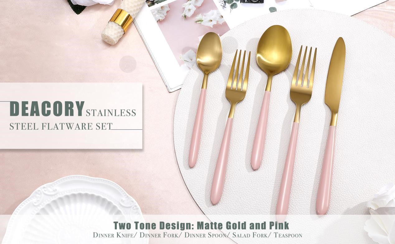 matte finished gold and pink flatware set 6